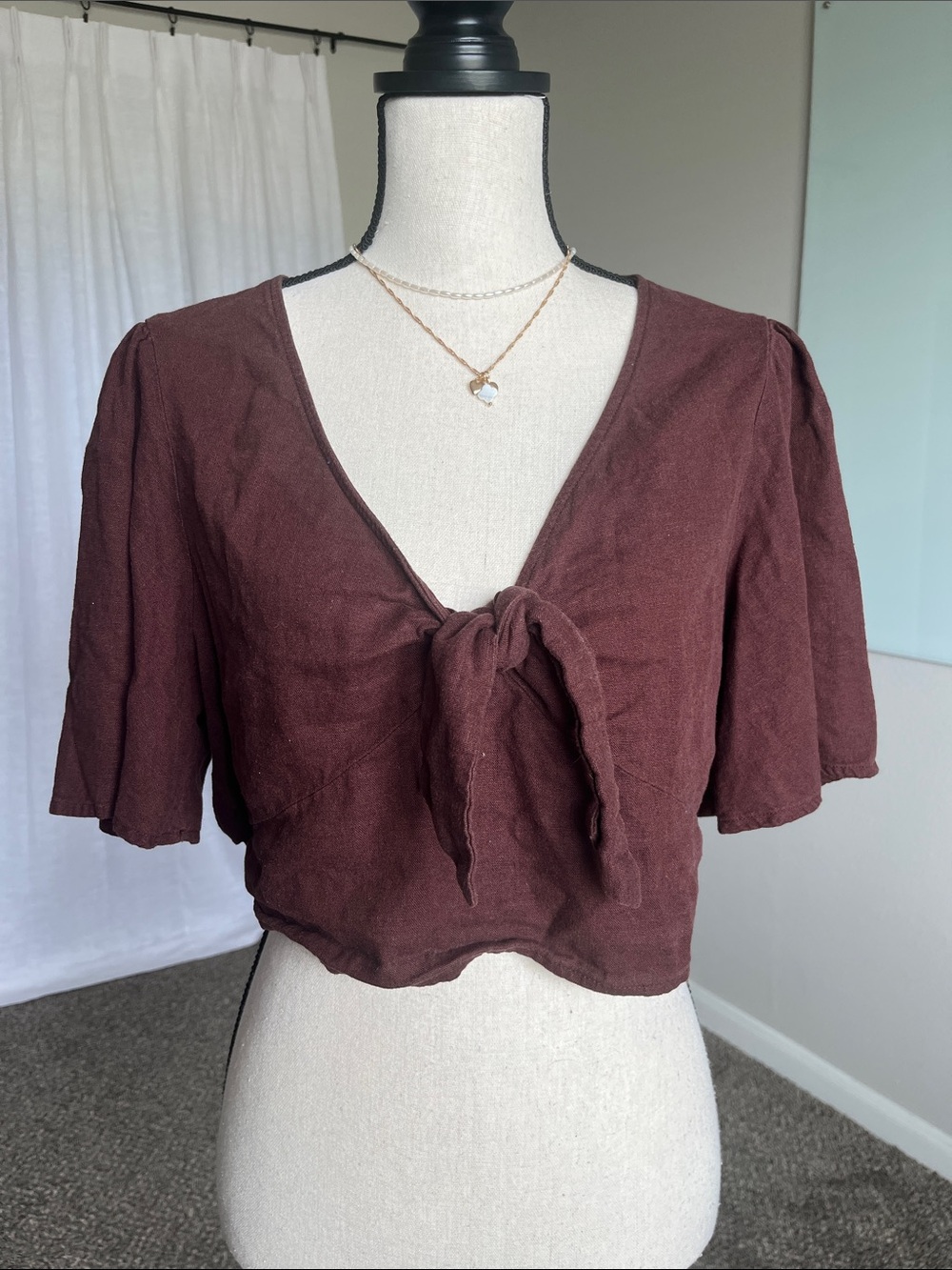 A New Day Chocolate Brown Linen Blend Tie Front Crop Top Flutter Sleeve 
Large